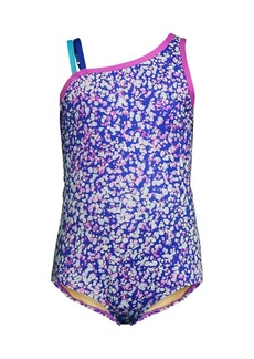 Lands' End Girls Slim Chlorine Resistant One Shoulder Cut Out One Piece Swimsuit - Electric blue mosaic dot