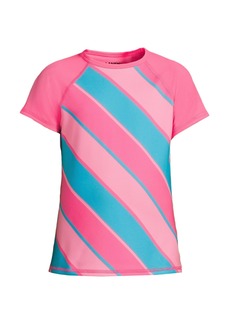 Lands' End Girls Slim Chlorine Resistant Short Sleeve Crew Neck UPF50 Rash Guard - Knockout pink/turquoise stripe