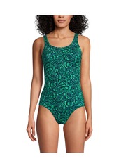 Lands' End Petite Chlorine Resistant High Leg Soft Cup Tugless Sporty One Piece Swimsuit - Deep sea navy/stripe ombre
