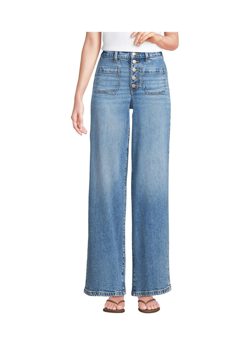 Lands' End Petite Denim High Rise Button Front Patch Pocket Wide Leg Jeans - Beau blue