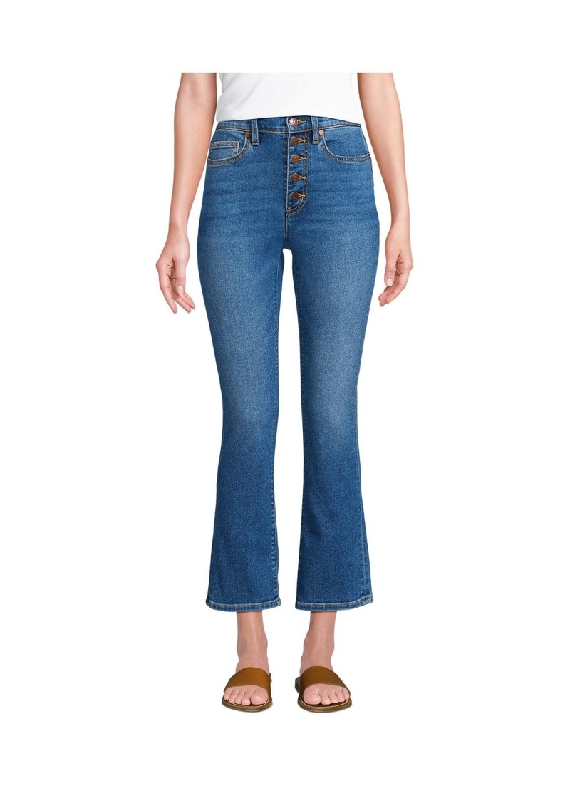 Lands' End Petite Recover High Rise Button Front Kick Flare Crop Jeans - Indigo tide blue