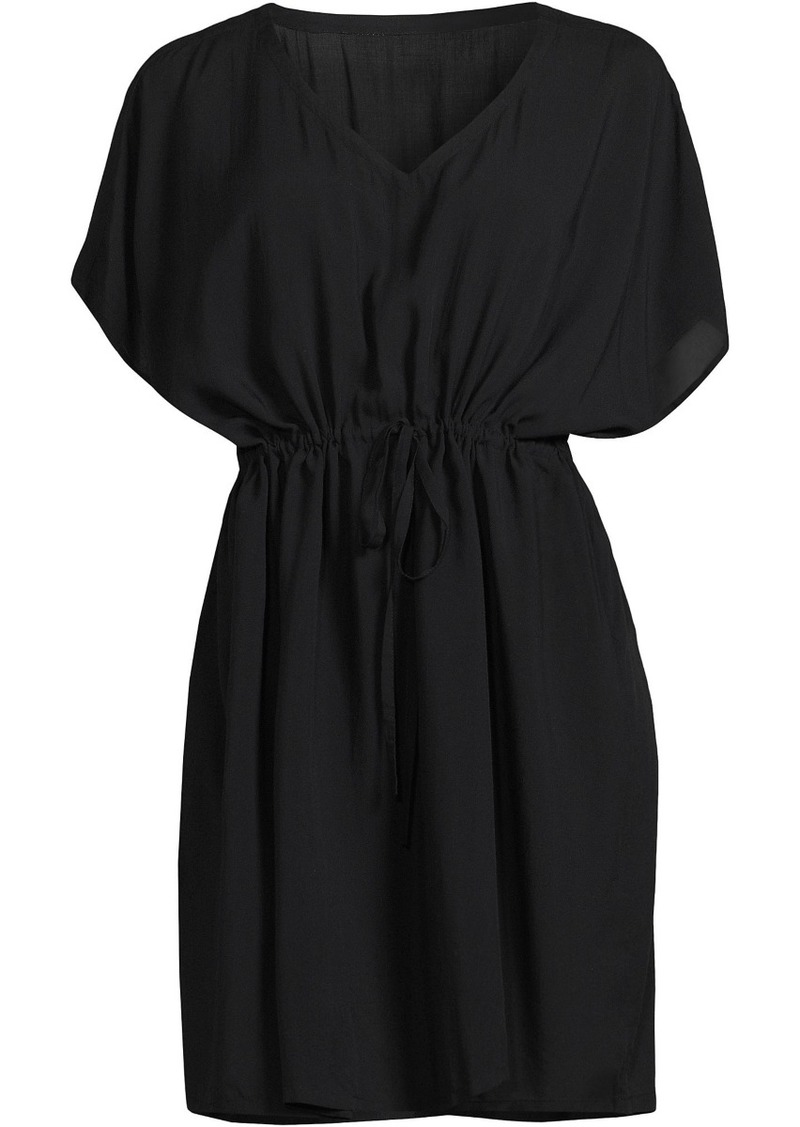 Lands' End Petite Sheer Over d Short Sleeve Gathered Waist Swim Cover-up Dress - Black