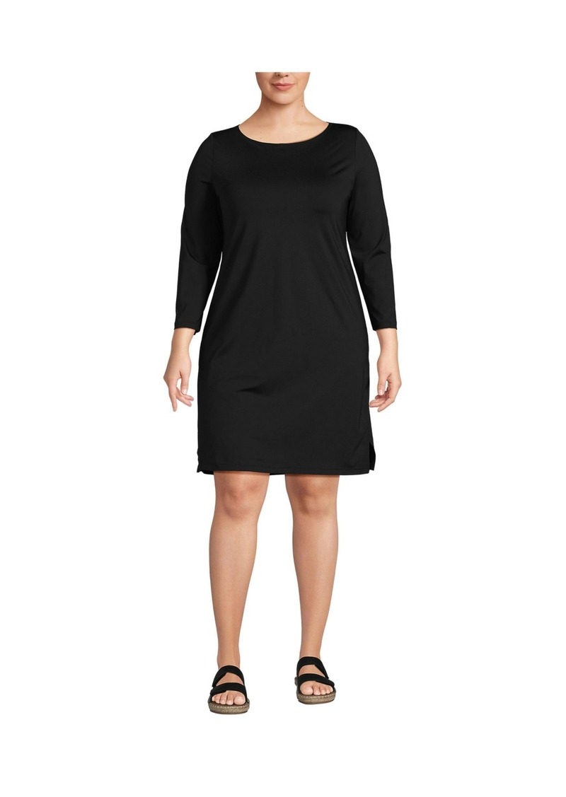 Lands' End Plus Size 3/4 Sleeve Boatneck Swim Cover-up Dress - Black