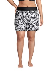 "Lands' End Plus Size 5"" Quick Dry Elastic Waist Board Shorts Swim Cover-up Shorts with Panty Print - Black havana floral"