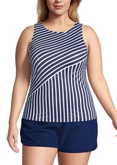 Lands' End Plus Size Chlorine Resistant High Neck Upf 50 Modest Tankini Swimsuit Top - Deep sea mixed diagonal stripe