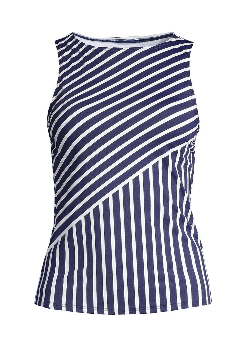 Lands' End Plus Size Chlorine Resistant High Neck Upf 50 Modest Tankini Swimsuit Top - Deep sea mixed diagonal stripe