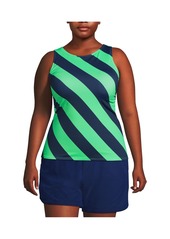 Lands' End Plus Size Chlorine Resistant High Neck Upf 50 Modest Tankini Swimsuit Top - Navy/wintergreen stripe