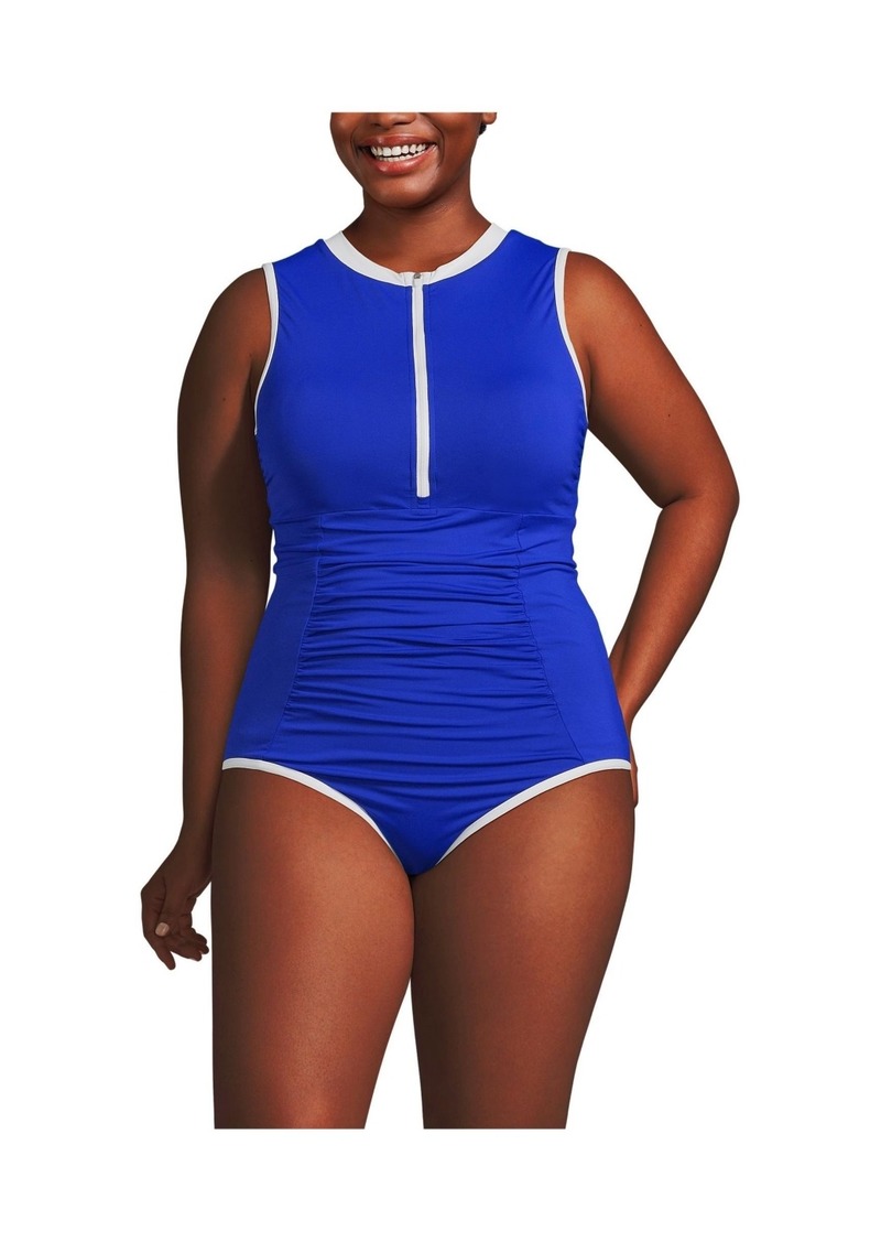 Lands' End Plus Size High Neck Zip Front One Piece Swimsuit with Pockets - Electric blue/white