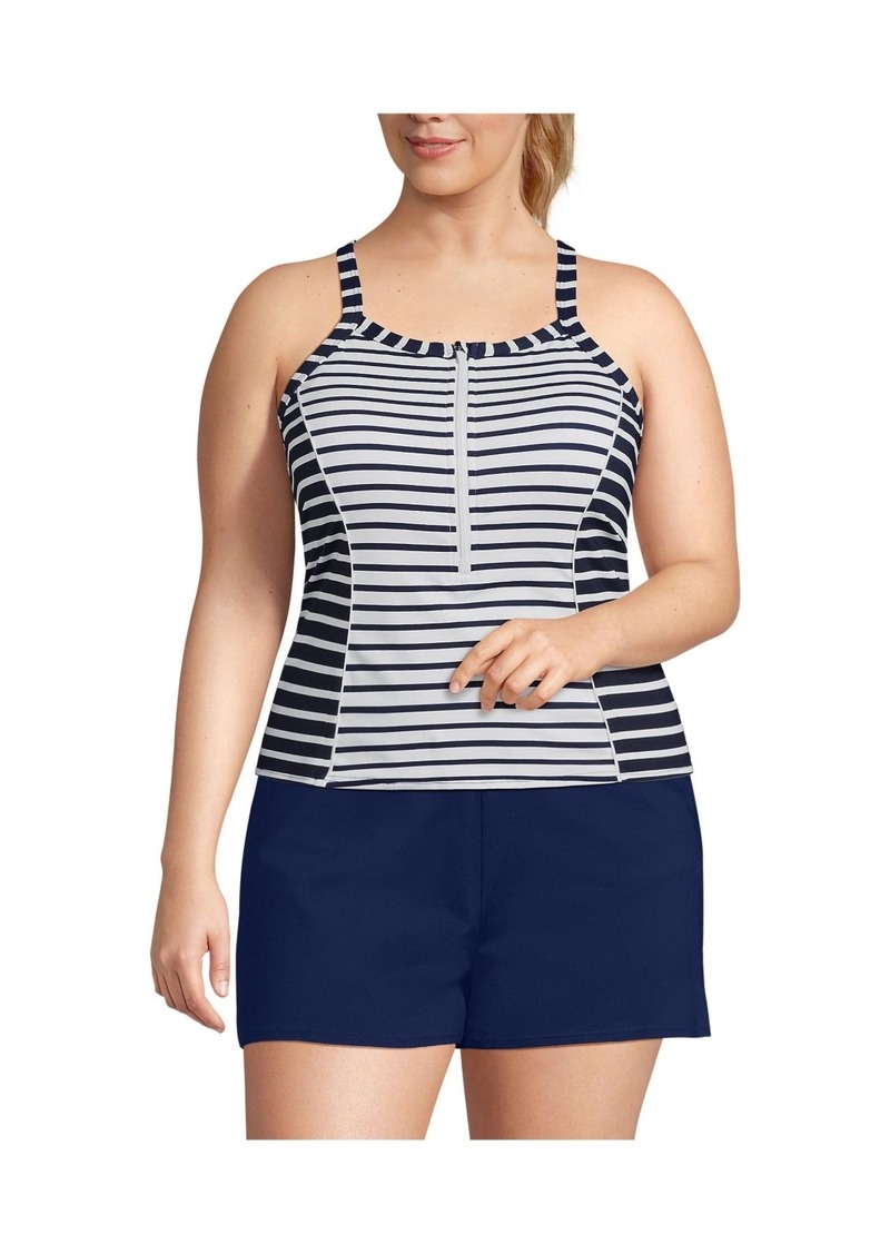 Lands' End Plus Size Chlorine Resistant High Neck Zip Front Racerback Tankini Swimsuit Top - Deep sea mixed stripe