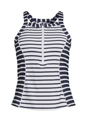 Lands' End Plus Size Chlorine Resistant High Neck Zip Front Racerback Tankini Swimsuit Top - Deep sea mixed stripe