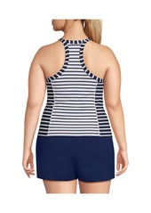 Lands' End Plus Size Chlorine Resistant High Neck Zip Front Racerback Tankini Swimsuit Top - Deep sea mixed stripe