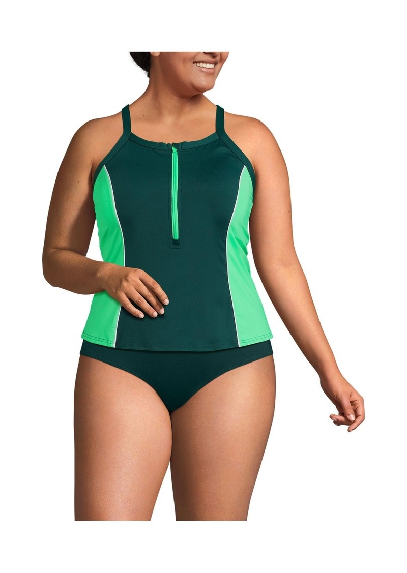 Lands' End Women's Chlorine Resistant High Neck Zip Front Racerback Tankini Swimsuit Top - Deep balsam/wintergreen