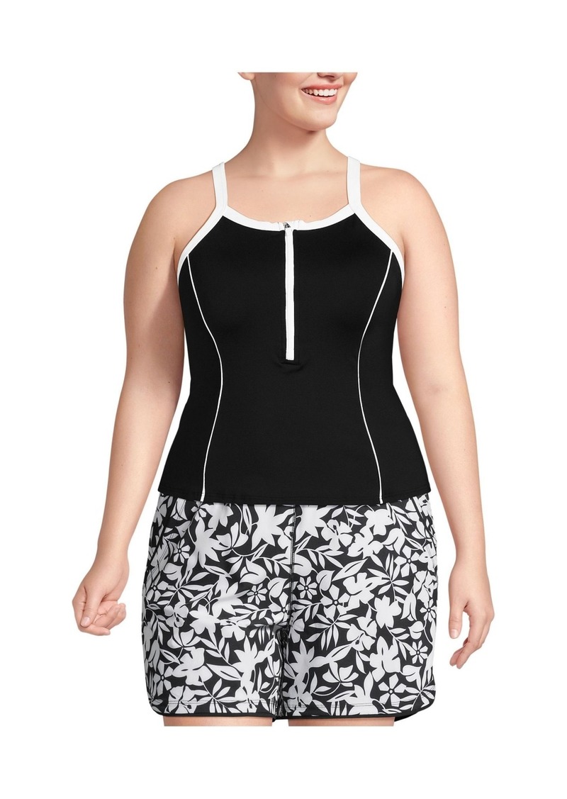 Lands' End Plus Size Chlorine Resistant High Neck Zip Front Racerback Tankini Swimsuit Top - Black/white