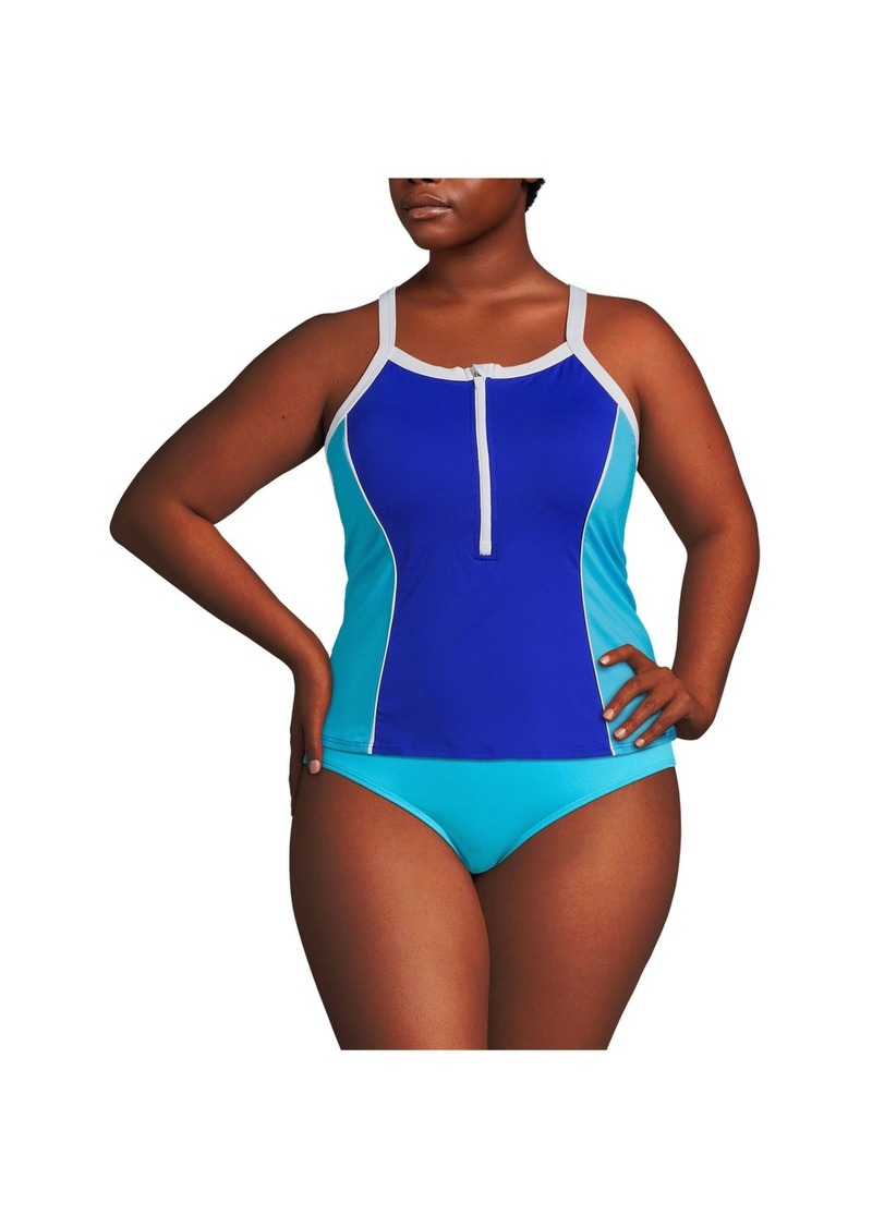 Lands' End Plus Size Chlorine Resistant High Neck Zip Front Racerback Tankini Swimsuit Top - Electric blue/turquoise/white