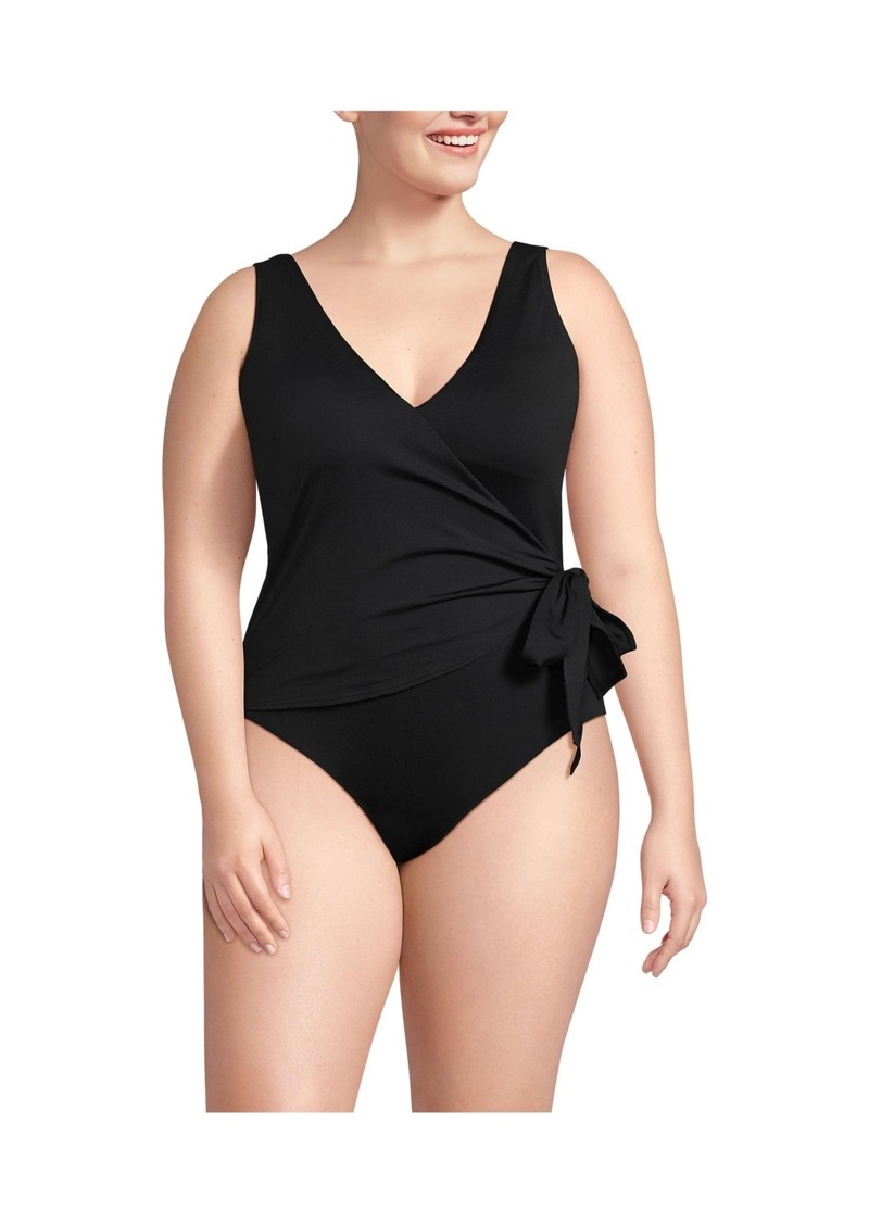 Lands' End Plus Size Side Tie V-neck Surplice High Leg One Piece Swimsuit - Black