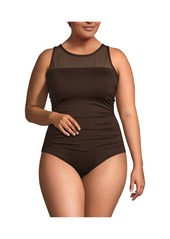 Lands' End Plus Size Chlorine Resistant Smoothing Control Mesh High Neck One Piece Swimsuit - Deep balsam