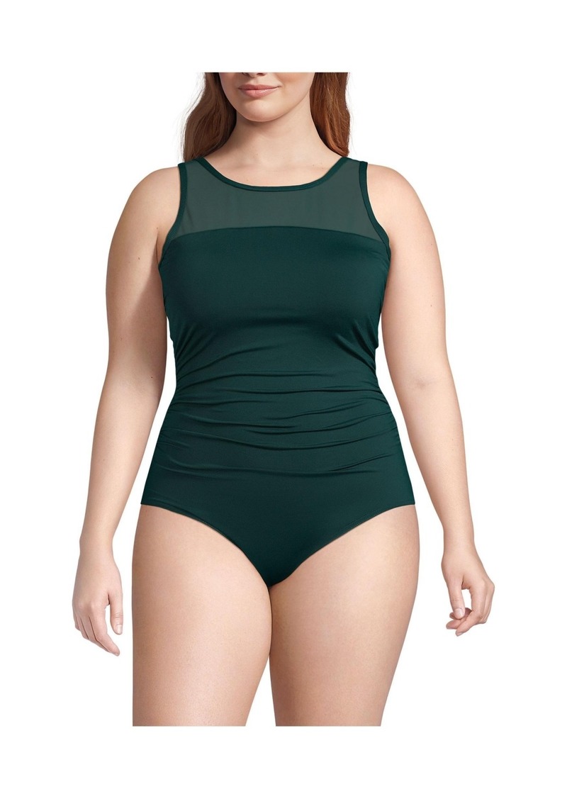 Lands' End Plus Size Chlorine Resistant Smoothing Control Mesh High Neck One Piece Swimsuit - Deep balsam