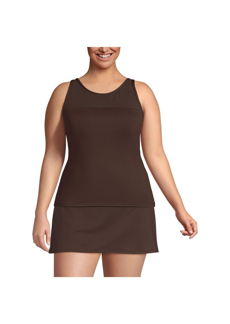 Lands' End Plus Size Chlorine Resistant Smoothing Control Mesh High Neck Tankini Swimsuit Top - Rich coffee