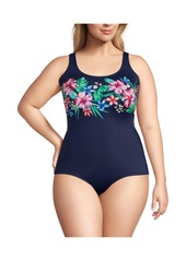 Lands' End Plus Size Chlorine Resistant Tugless One Piece Swimsuit Soft Cup - Navy/turquoise mosaic dot