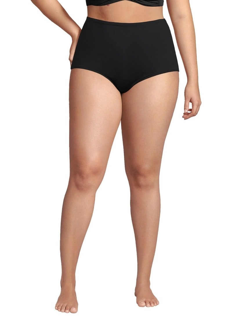 Lands' End Plus Size Tummy Control Tugless High Waisted Bikini Swim Bottoms - Black