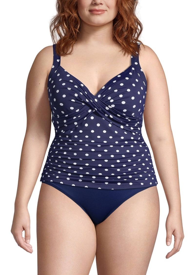 Lands' End Women's Chlorine Resistant V-Neck Wrap Underwire Tankini Swimsuit Top Adjustable Straps - Deep sea polka dot