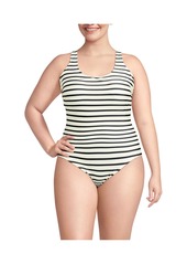 Lands' End Plus Size Scoop Neck X-Back High Leg Tugless Sporty One Piece Swimsuit - Egret white/black stripe