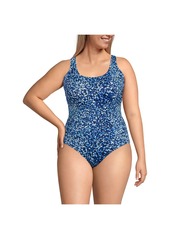 Lands' End Plus Size Scoop Neck X-Back High Leg Tugless Sporty One Piece Swimsuit - Egret white/black stripe