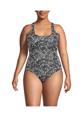 Lands' End Plus Size Scoop Neck X-Back High Leg Tugless Sporty One Piece Swimsuit - Egret white/black stripe