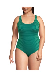 Lands' End Plus Size Chlorine Resistant X-Back High Leg Soft Cup Tugless Sporty One Piece - Deep balsam/stripe ombre