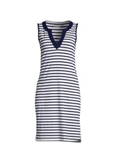 Lands' End Plus Size Cotton Jersey Sleeveless Swim Cover-up Dress Print - White/deep sea stripe