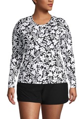 Lands' End Plus Size Crew Neck Long Sleeve Rash Guard Upf 50 Sun Protection Swim Tee - Island emerald stipple palm