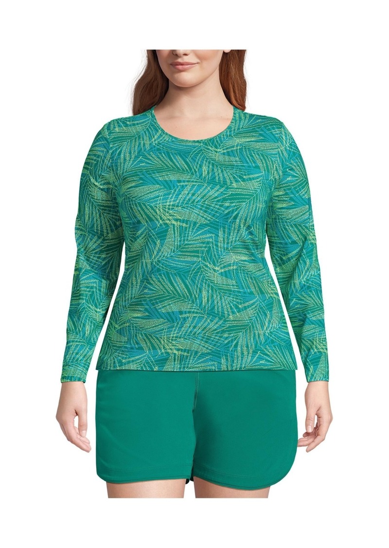 Lands' End Plus Size Crew Neck Long Sleeve Rash Guard Upf 50 Sun Protection Swim Tee - Island emerald stipple palm