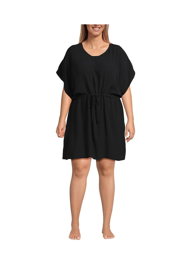 Lands' End Plus Size Crinkle Rayon Short Sleeve Gathered Waist Kaftan Swim Cover-up Dress - Black