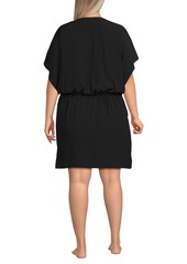 Lands' End Plus Size Crinkle Rayon Short Sleeve Gathered Waist Kaftan Swim Cover-up Dress - Black