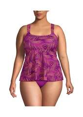 Lands' End Plus Size Flutter Scoop Neck Tankini Top - Violet rose stipple palm