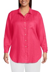 Lands' End Plus Size Linen Roll Sleeve Oversized Relaxed Tunic Top - Rouge pink