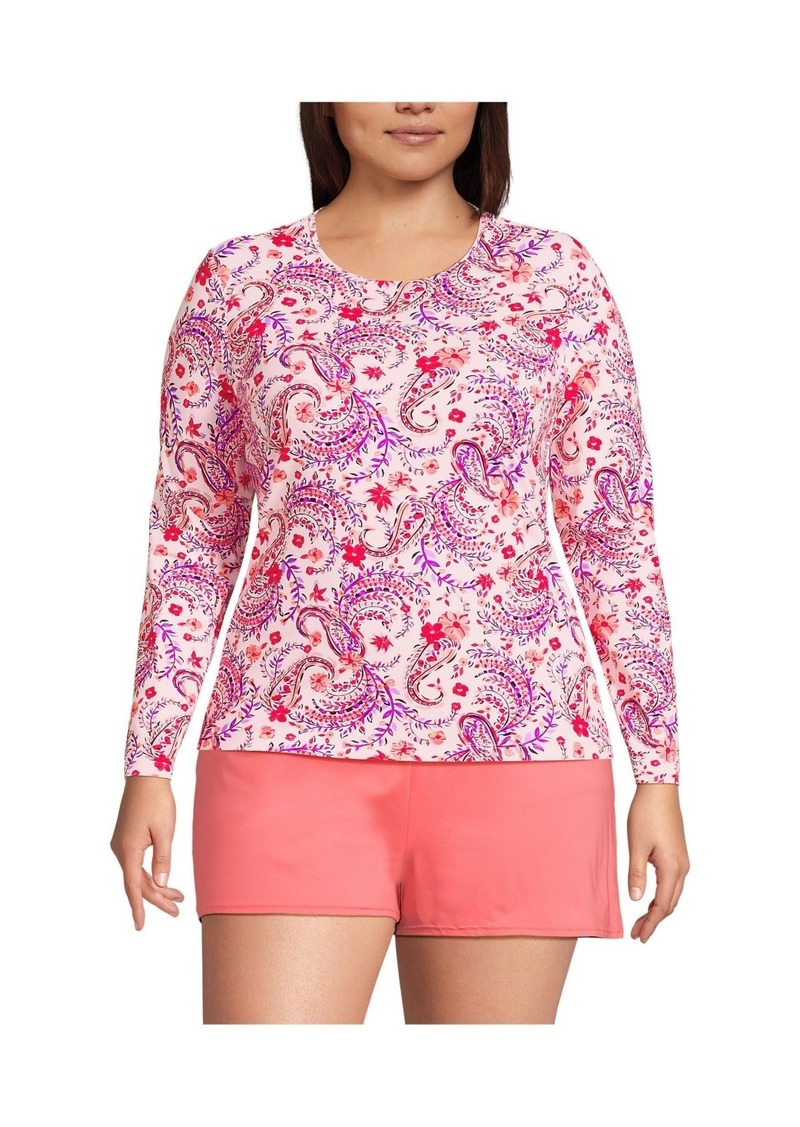 Lands' End Plus Size Long Crew Neck Long Sleeve Rash Guard Upf 50 Sun Protection Swim Tee - Wood lily multi floral paisley