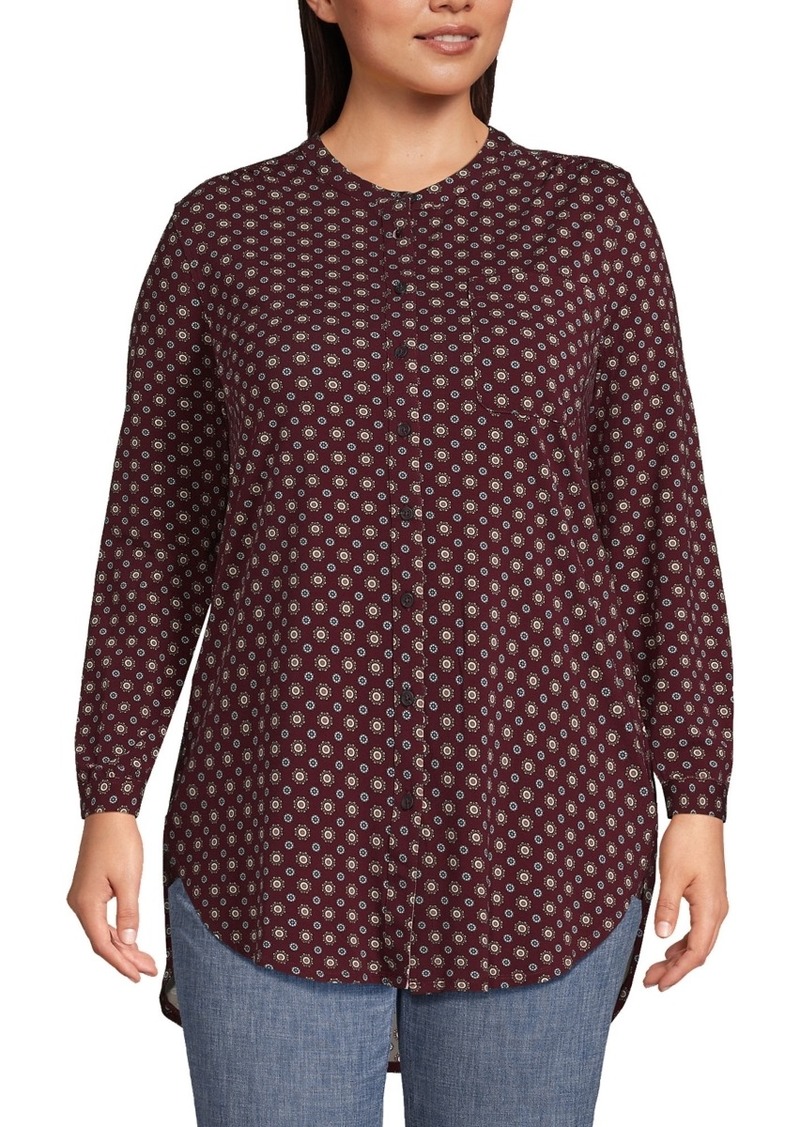 Lands' End Plus Size Long Sleeve Jersey A-line Tunic - Rich burgundy encircle geo