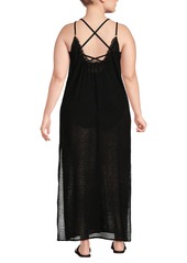 Lands' End Plus Size Rayon Poly Rib Scoop Neck Swim Cover-up Maxi Dress - Black