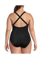 Lands' End Plus Size Scoop Neck X-Back High Leg Tugless Sporty One Piece Swimsuit - Blackberry