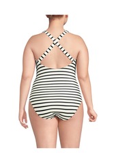 Lands' End Plus Size Scoop Neck X-Back High Leg Tugless Sporty One Piece Swimsuit - Egret white/black stripe