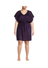 Lands' End Plus Size Sheer Over d Short Sleeve Gathered Waist Swim Cover-up Dress - White/deep sea stripe