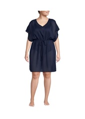 Lands' End Plus Size Sheer Over d Short Sleeve Gathered Waist Swim Cover-up Dress - White/deep sea stripe