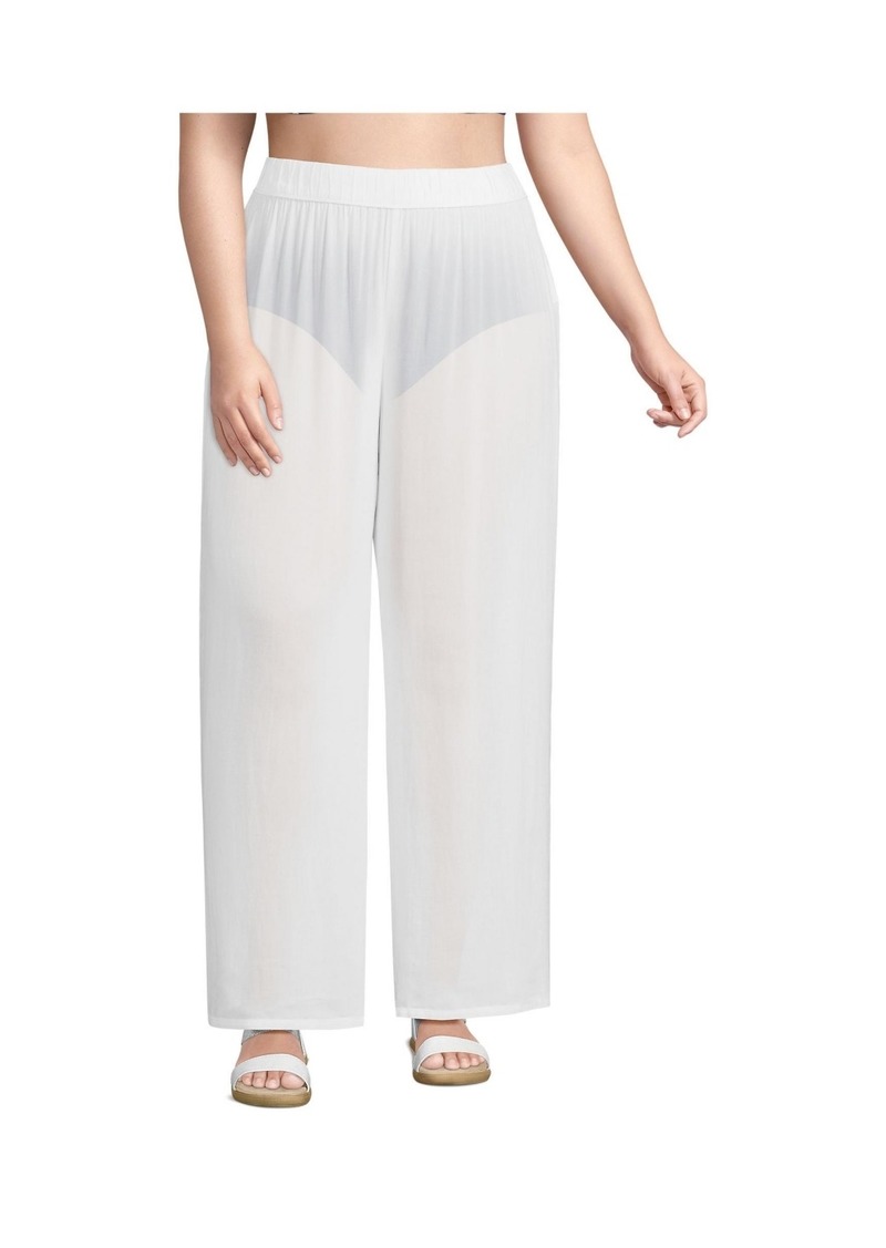 Lands' End Plus Size Sheer Oversized Swim Cover-up Pants - White