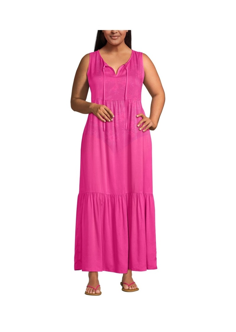 Lands' End Plus Size Sheer Sleeveless Tiered Maxi Swim Cover-up Dress - Prism pink