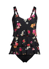 Lands' End Women's Smoothing Control Ruffle Fauxkini One Piece Swimsuit - Black meadow floral