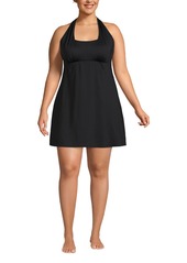 Lands' End Plus Size Square Neck Halter Swim Dress One Piece Swimsuit - Black