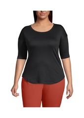 Lands' End Plus Size Supima Micro Modal Elbow Sleeve Balletneck Curved Hem Top - Black