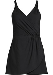 Lands' End Plus Size V-neck Tulip Wrap Swim Dress One Piece Swimsuit - Black