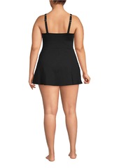 Lands' End Plus Size V-neck Tulip Wrap Swim Dress One Piece Swimsuit - Black